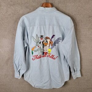 Vintage ACME Looney Tunes Shirt Men M Blue Striped Denim Button Down Embroidered